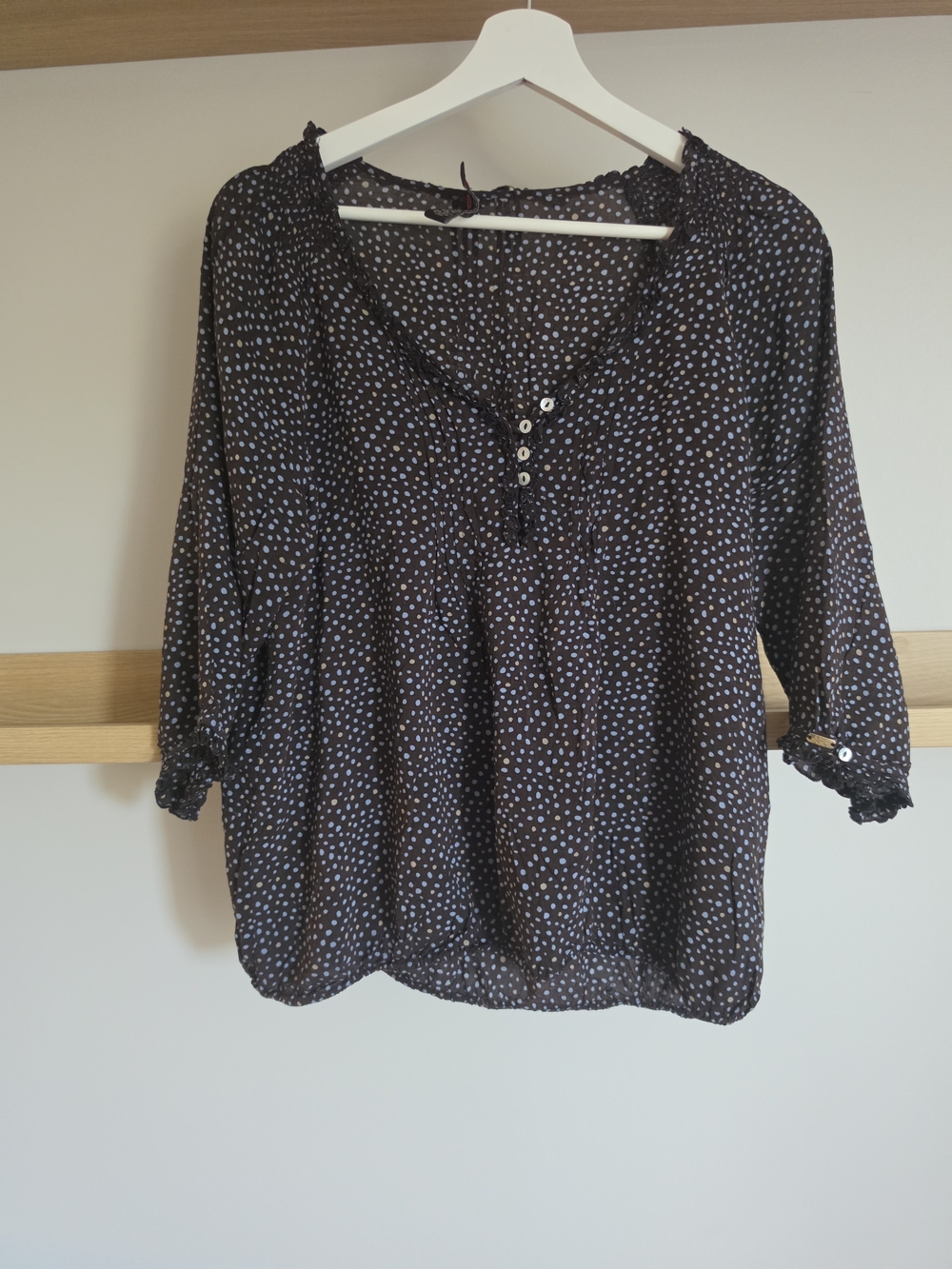 Dex Brown Polka Dot Henley Blouse with Blue Dots